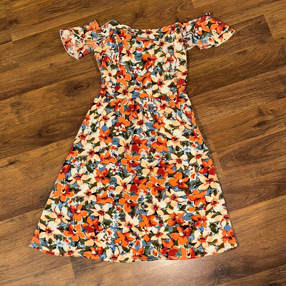 SHEIN Floral Off-Shoulder Dress - Orange and Blue